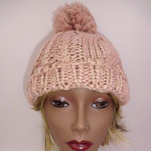 Womens Pink Gold Lauren Conrad Winter Beanie Hat Snow Ski Pom Pom One Size